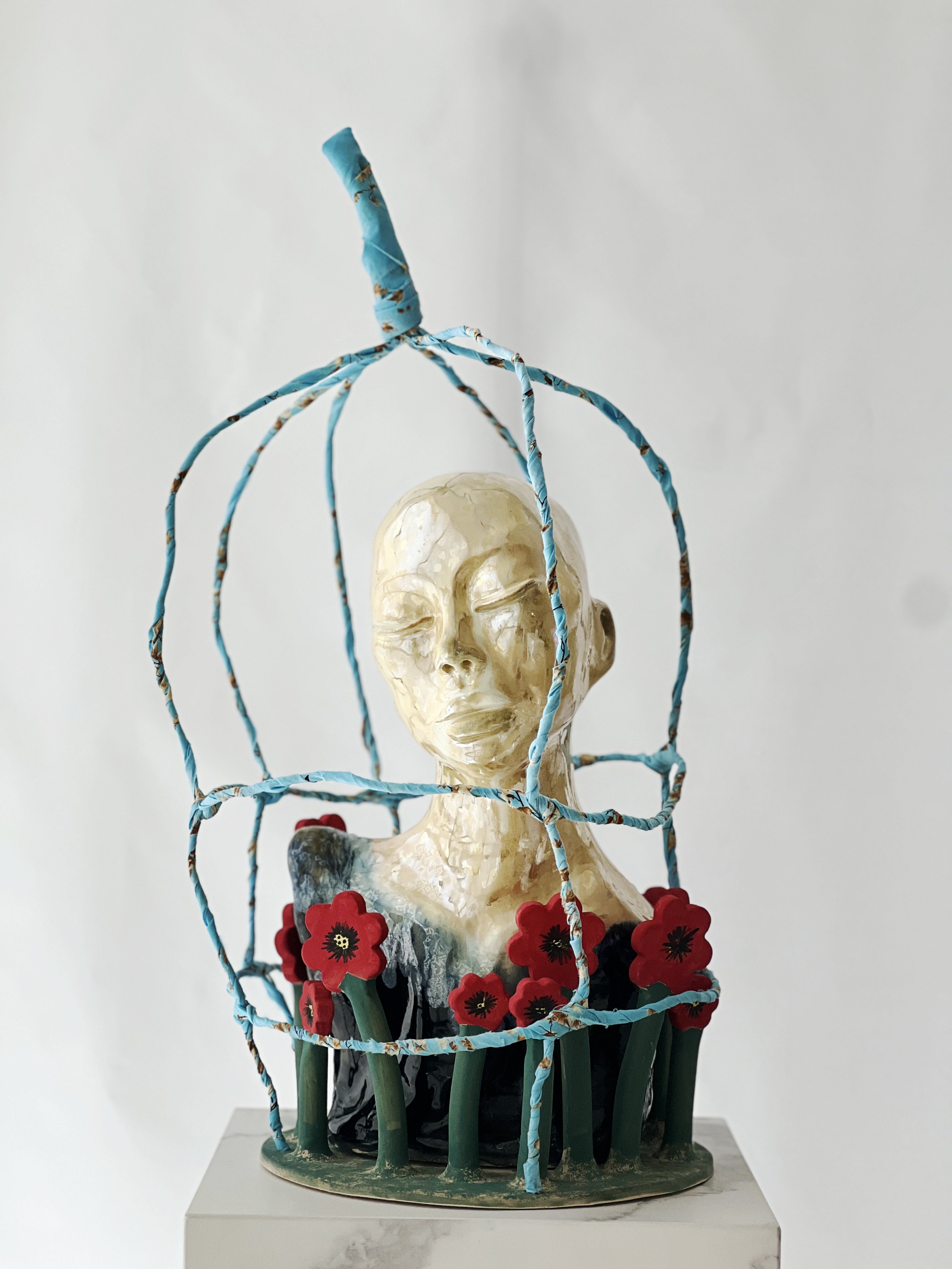 Woman, Bloom, Cage, 2025, ceramic metal cotton